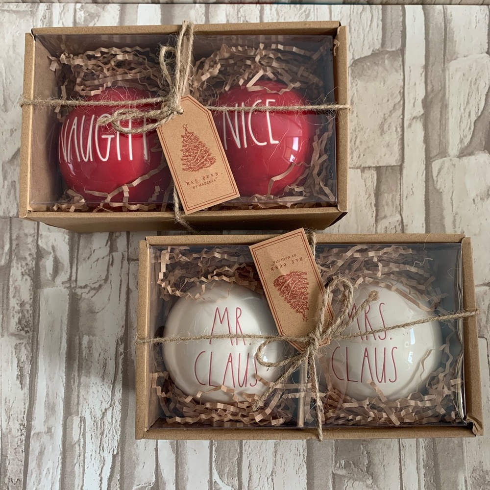 Rae Dunn Naughty & Nice and Mr.Claus & Mrs.Claus Ornaments